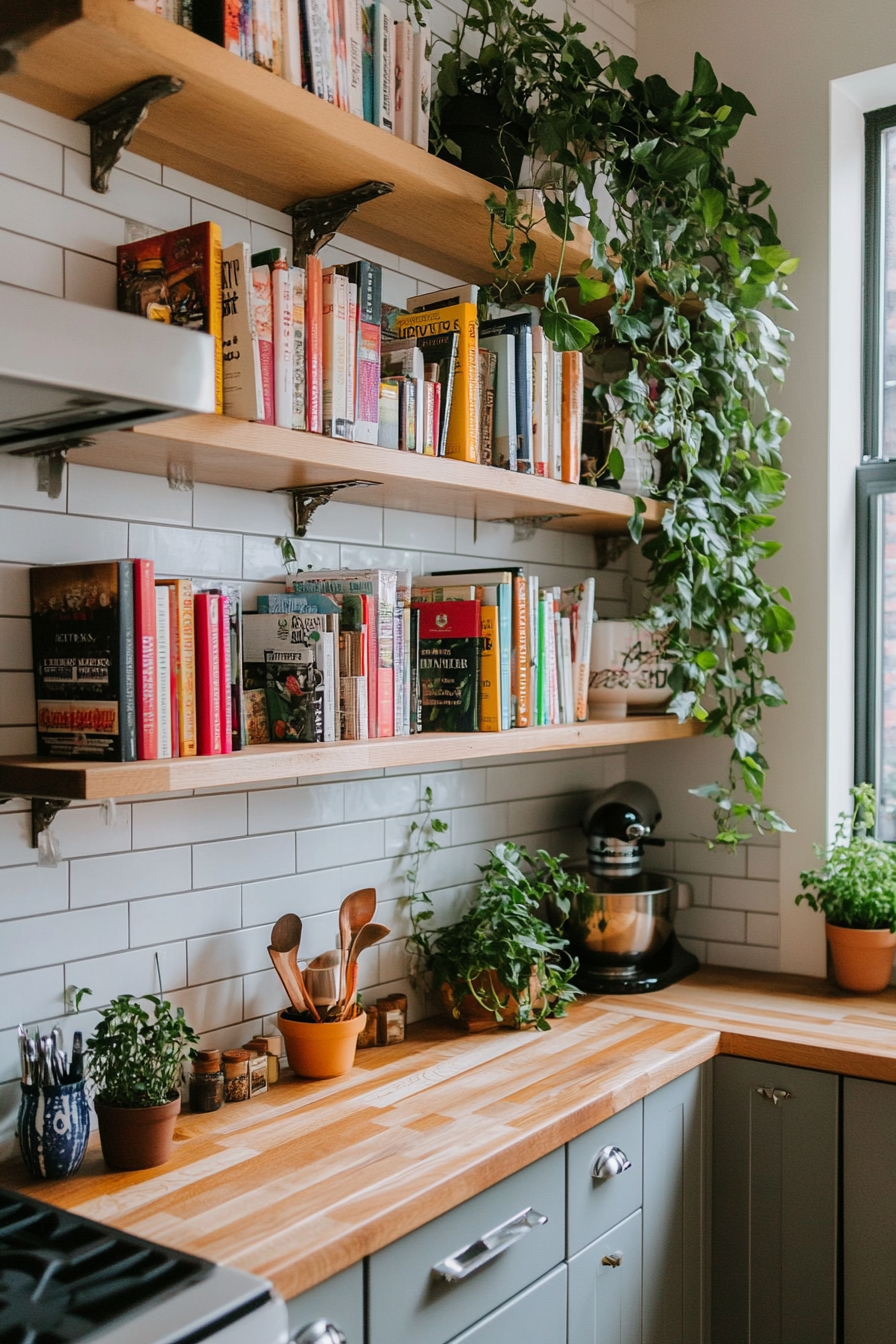 Close-up of cookbooks and plants on shelves