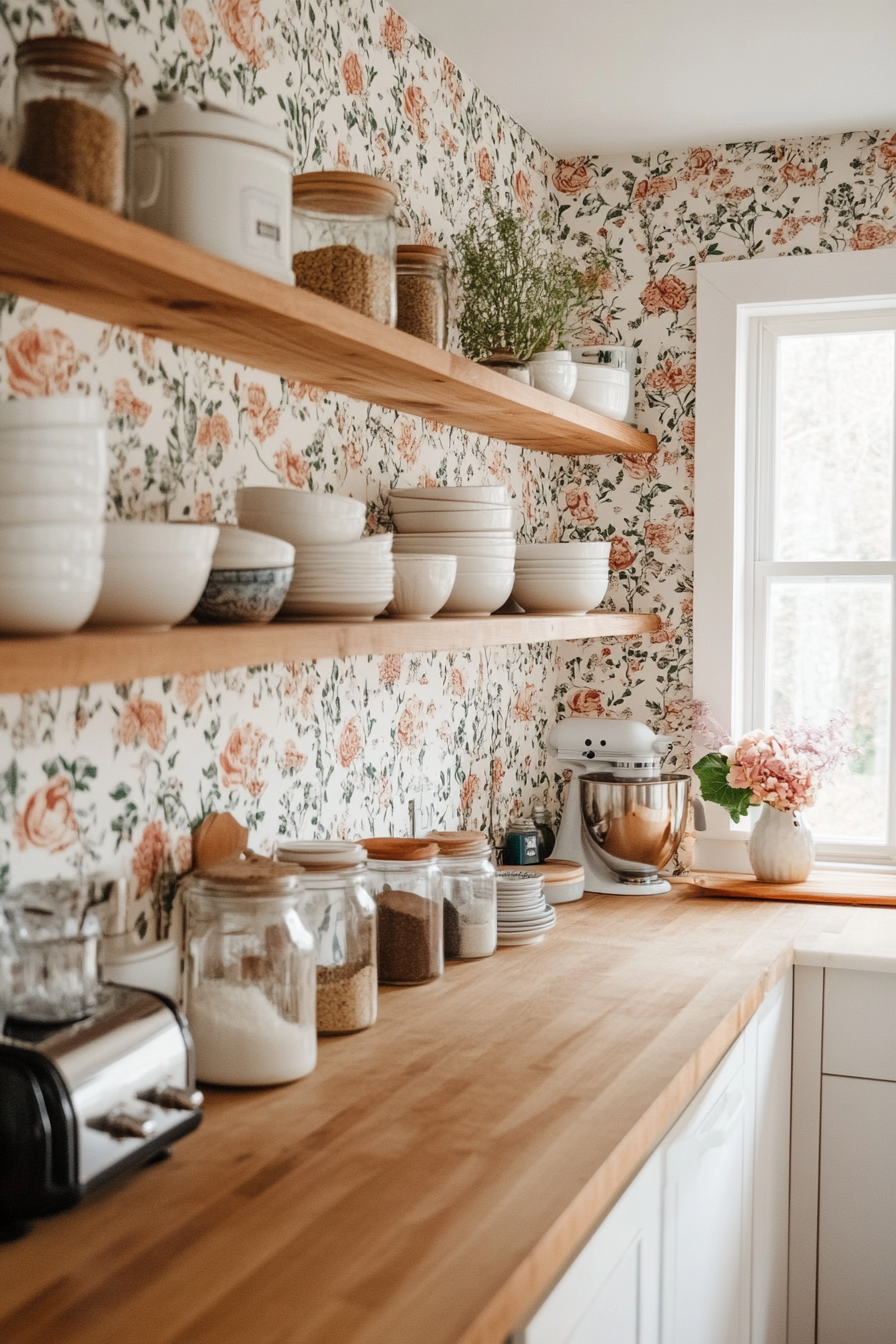 Close-up of wallpaper behind kitchen shelves