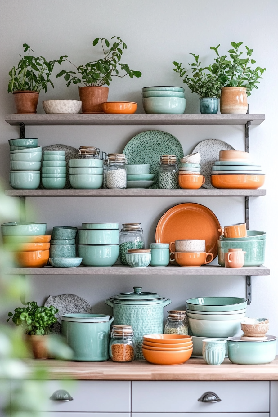 Color-coordinated items on open shelves