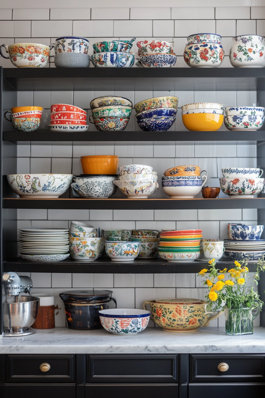 Vintage tableware displayed on open shelves