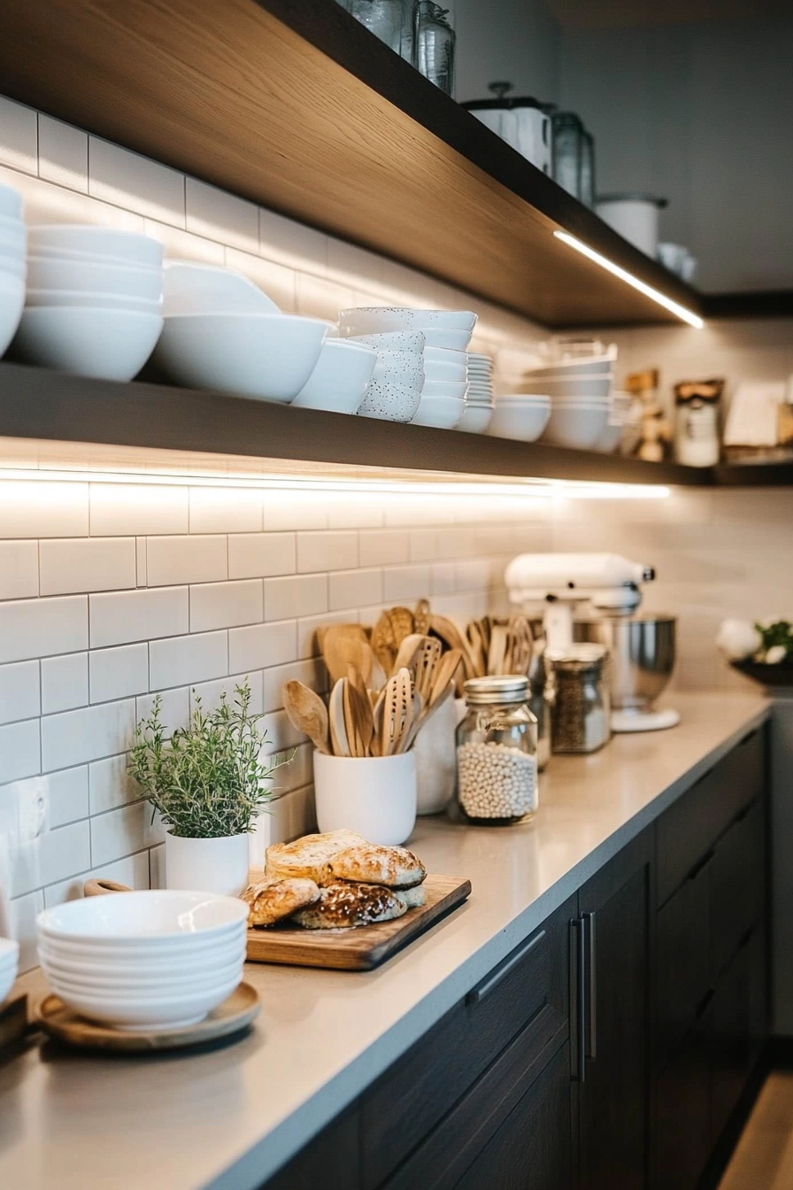 Shelves with under-cabinet lighting provide a warm light