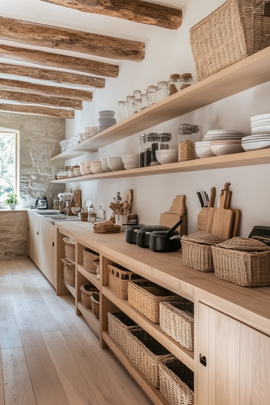 Tiered shelf with organized storage in a kitchen