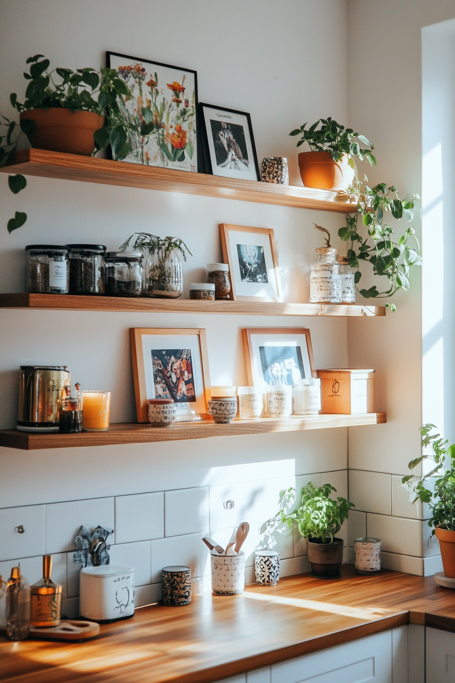 Open shelves decorated with framed photos and artwork