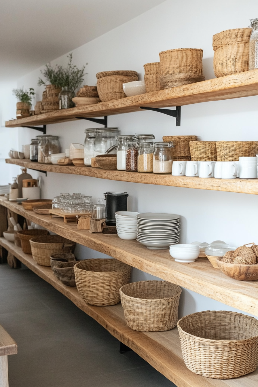 Detail of a tiered kitchen shelf with organized items