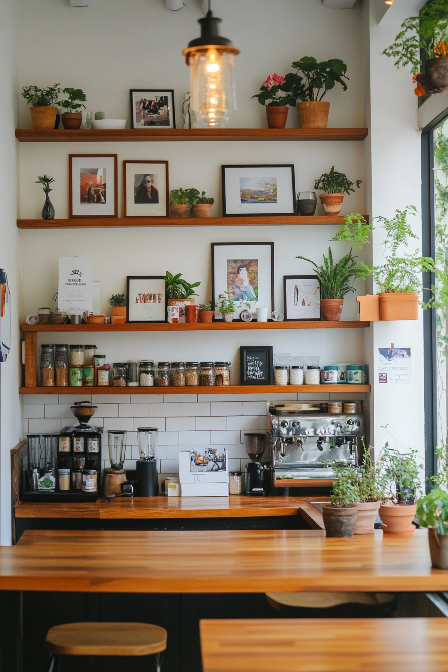 Close-up of shelves with framed art and decor