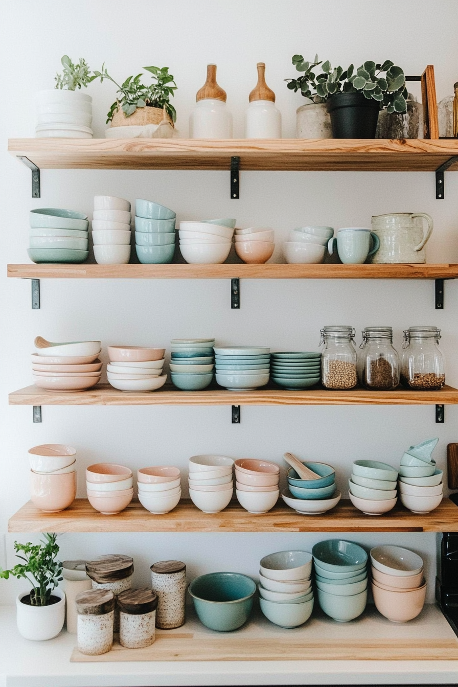 Close-up of color coordinated decor on shelves