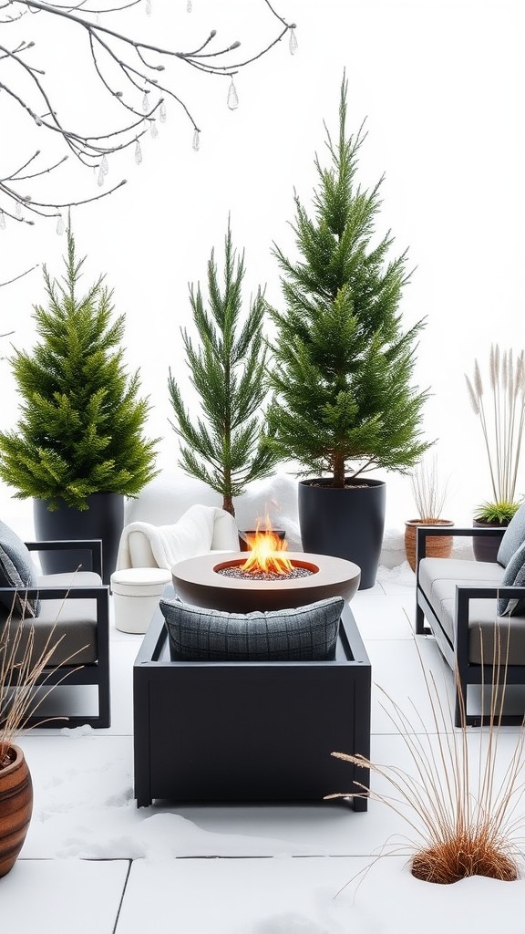 Minimalist winter garden with evergreen plants