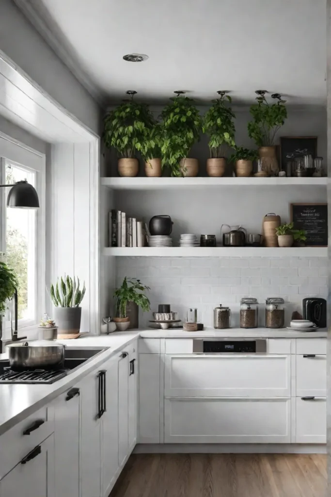 Minimalist white kitchen with open shelves