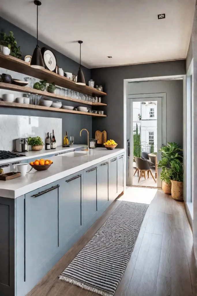 Modern galley kitchen with white cabinets and open shelves