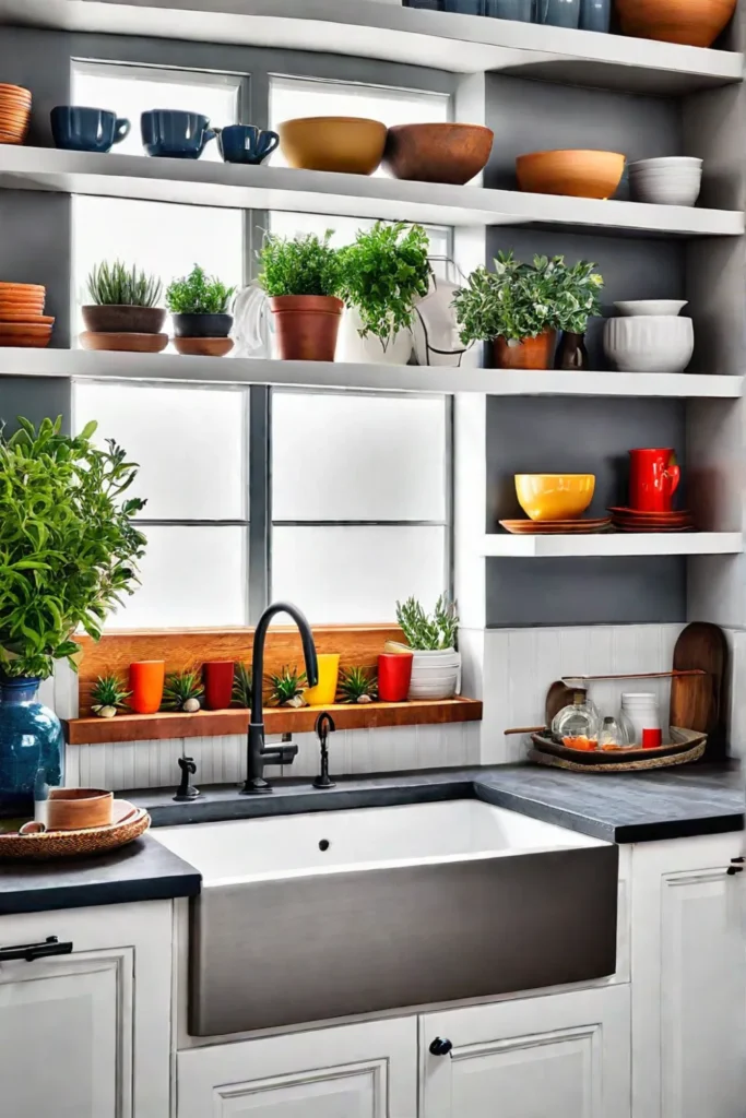 White kitchen design with farmhouse sink and open shelves