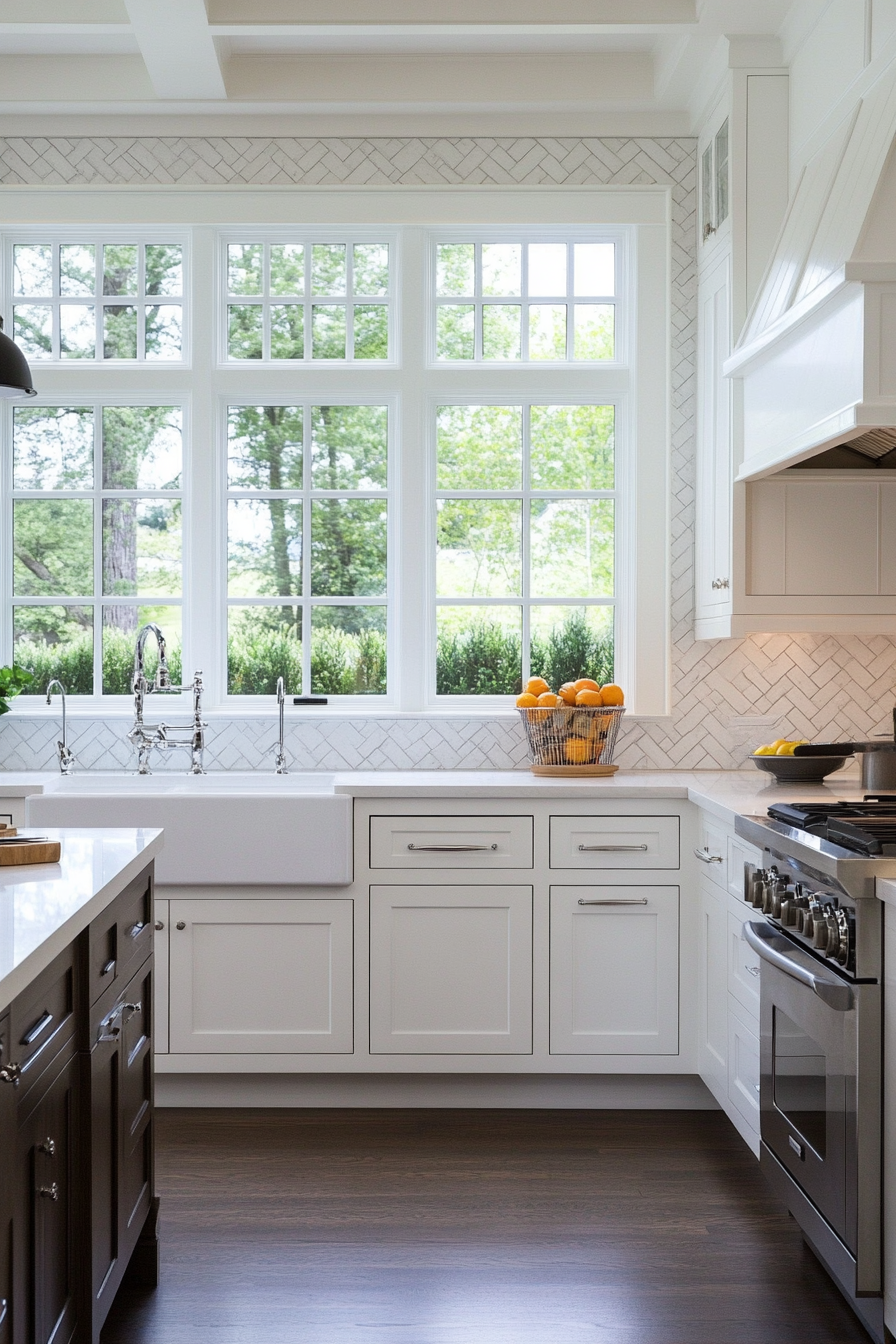 Close-up of white herringbone tiles with light grout