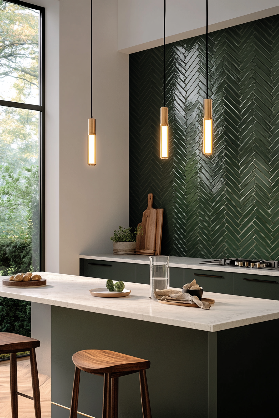 Vertical backsplash in a herringbone pattern for a modern kitchen look