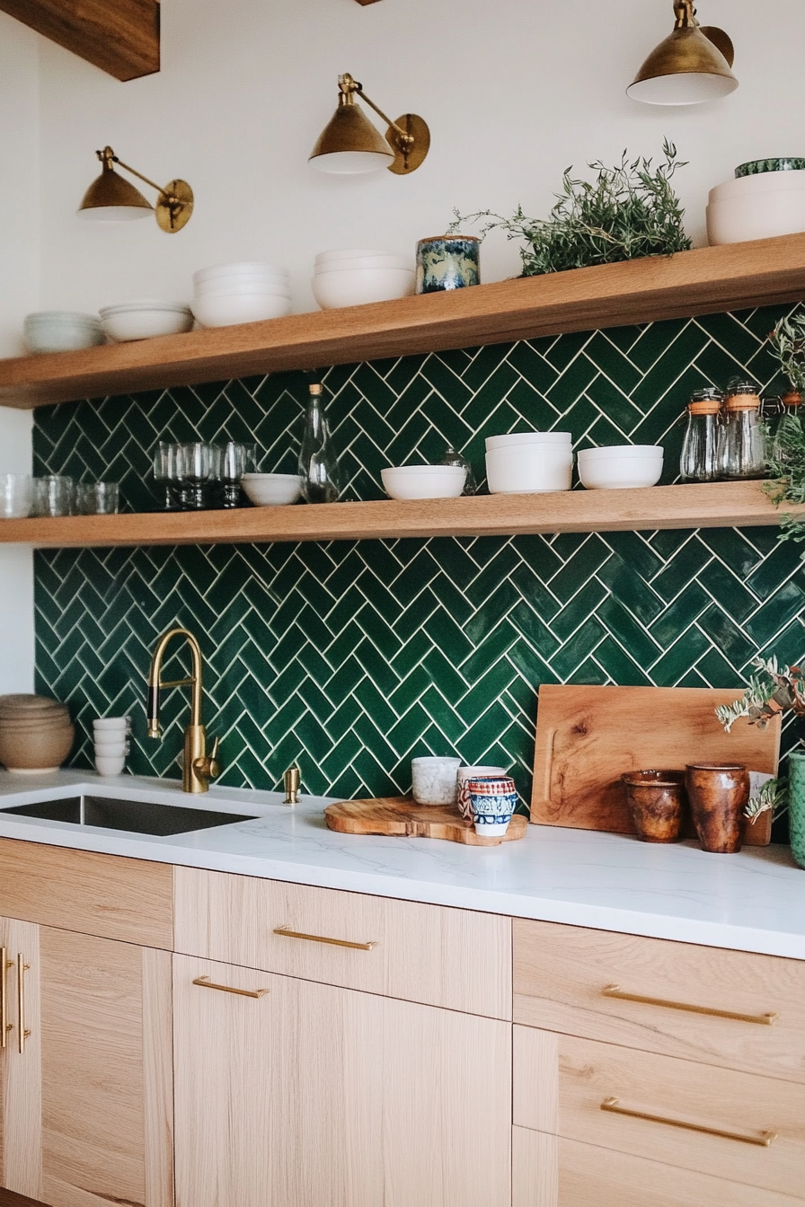 Emerald green herringbone backsplash for a bohemian kitchen