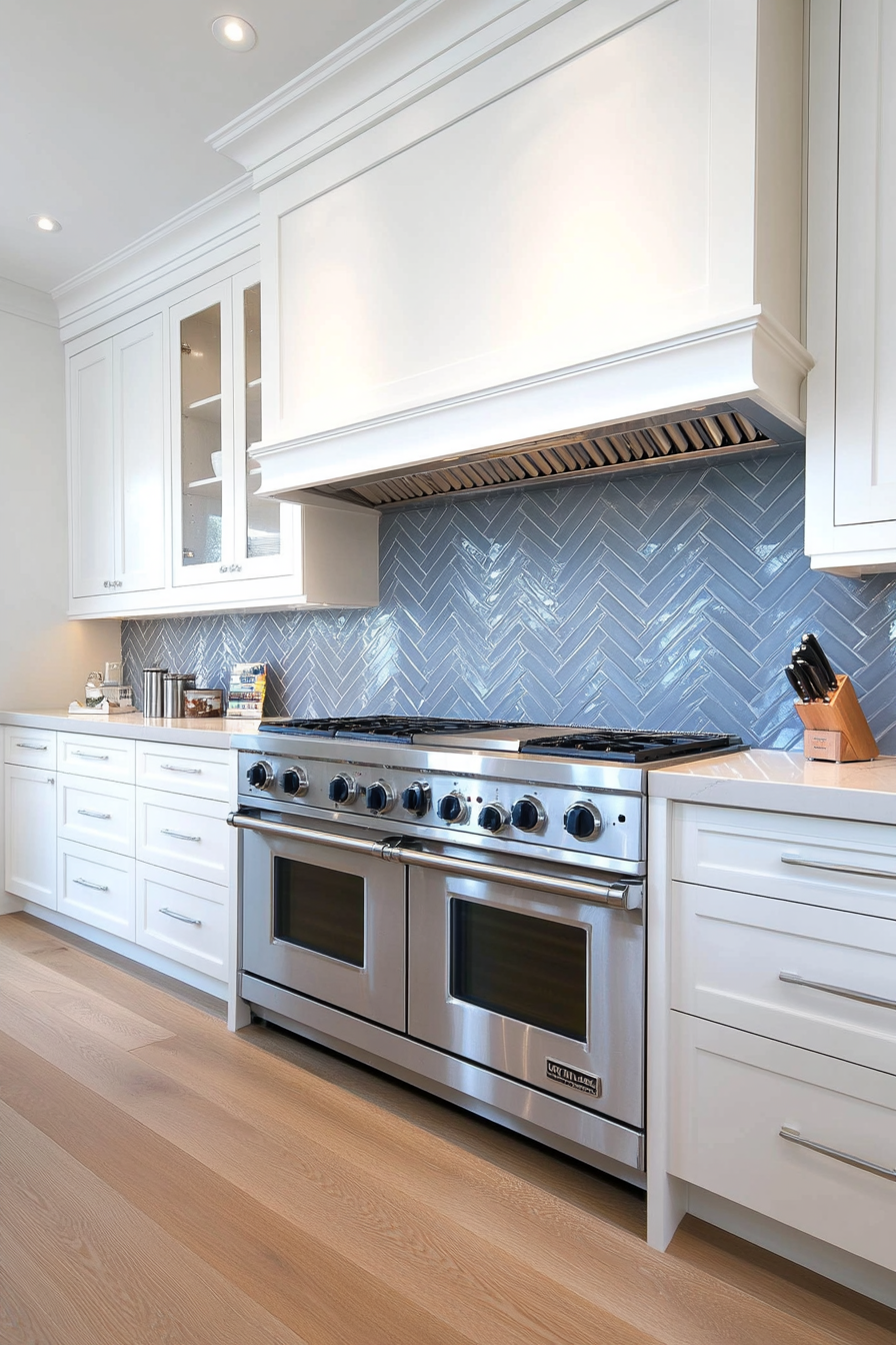 Close-up of blue herringbone glass tiles