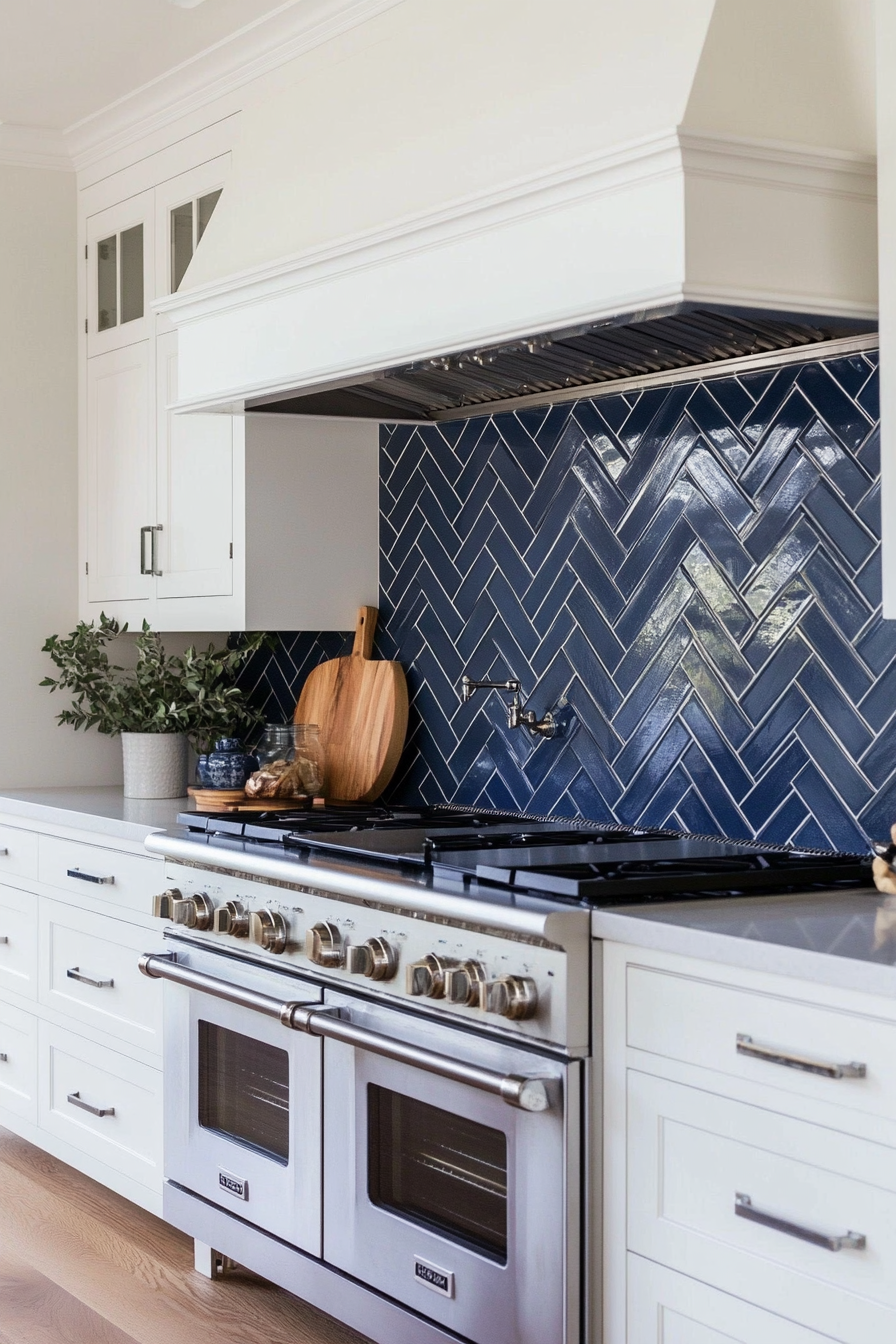 Blue herringbone glass backsplash and white cabinets