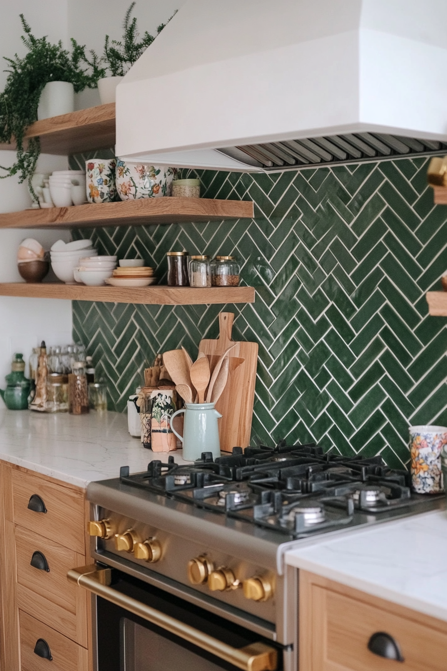 Close-up of emerald green herringbone tiles