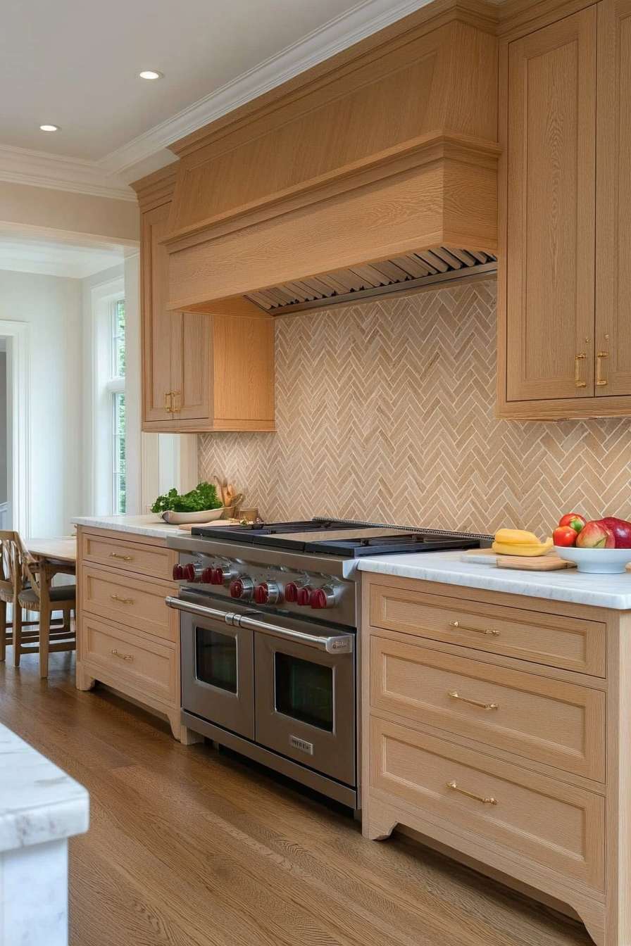 Herringbone tile backsplash in a neutral ombre style