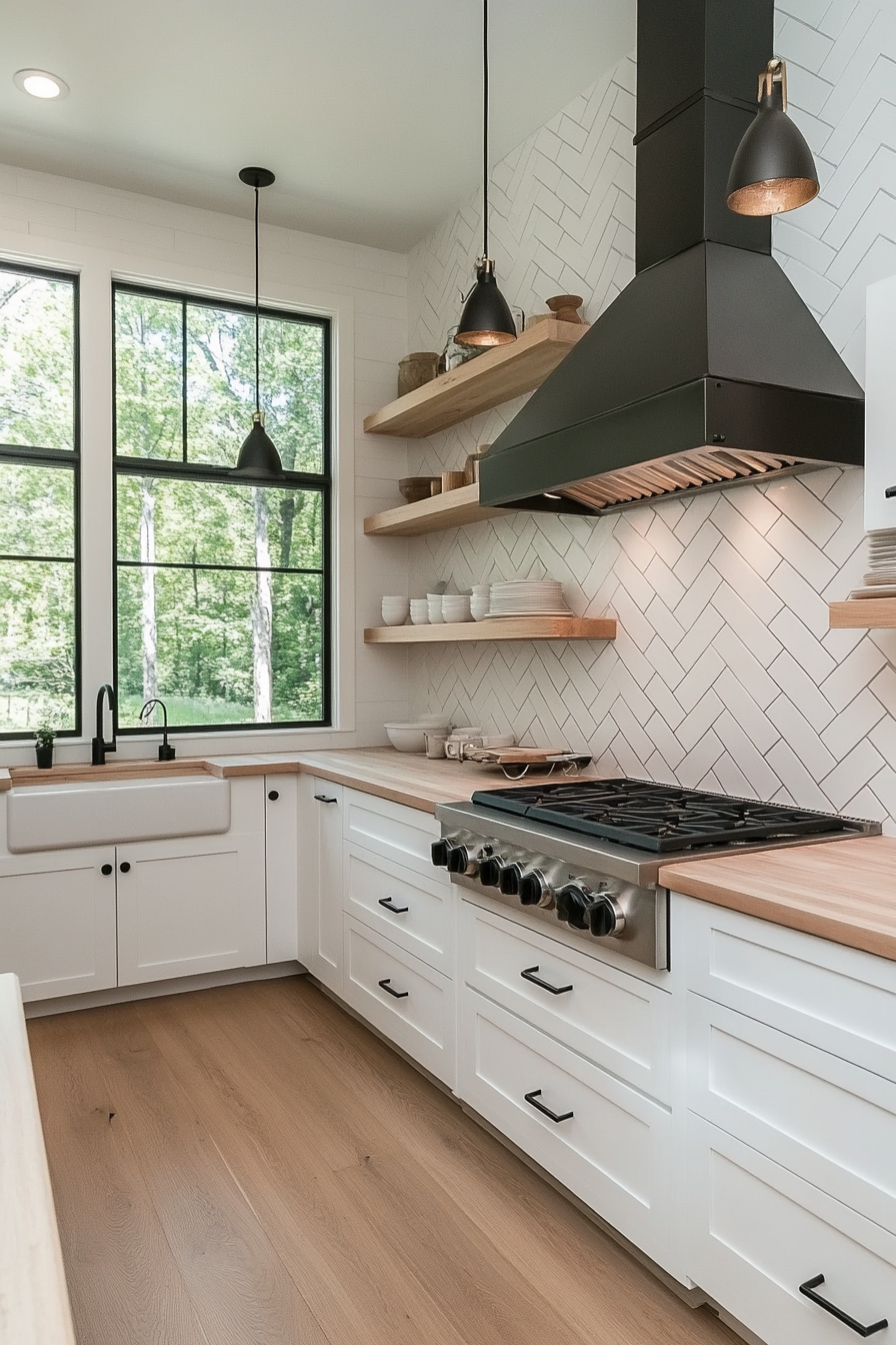 All-white Scandinavian herringbone tiles with subtle color variations