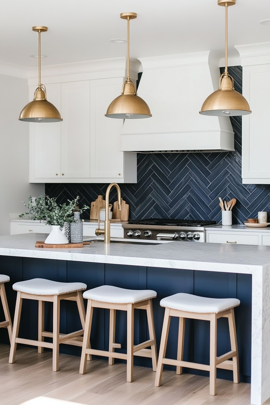 Close-up of dark blue herringbone tiles with metallic accents