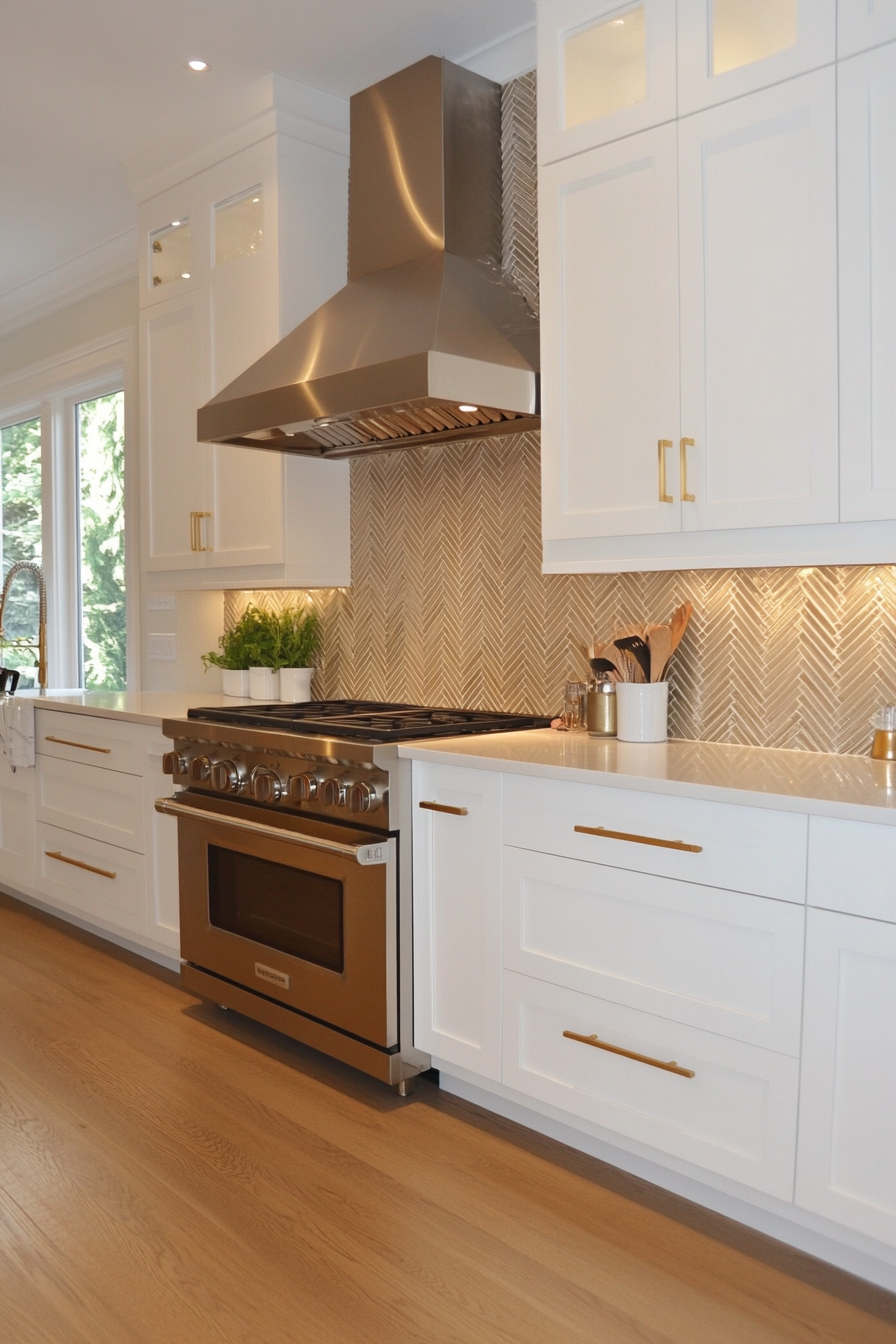 Close-up of metallic herringbone tiles with gold accents