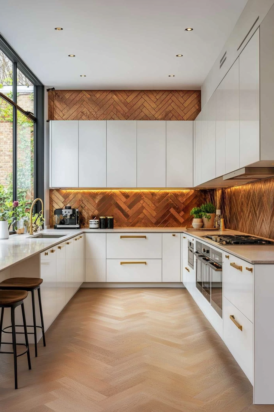 Metallic herringbone backsplash with reflective tiles