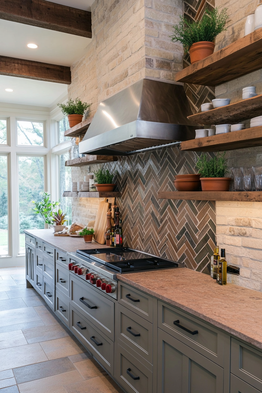 Close-up of bespoke herringbone tiles in natural tones