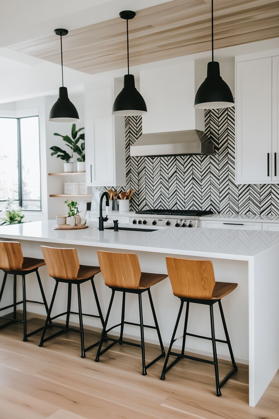 Black and white herringbone back panel with bold geometric contrast