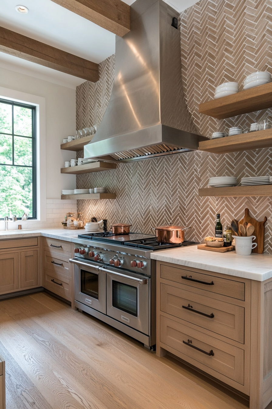 Herringbone back wall paired with rustic wooden elements