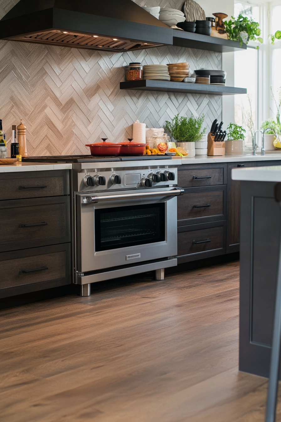 Close-up of monochromatic gray herringbone tiles