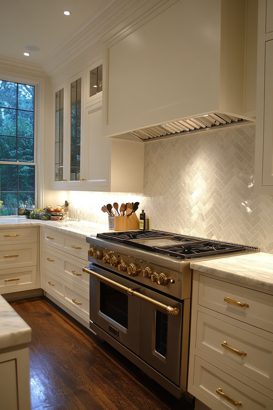 Iridescent herringbone marble backsplash with elegant shimmer