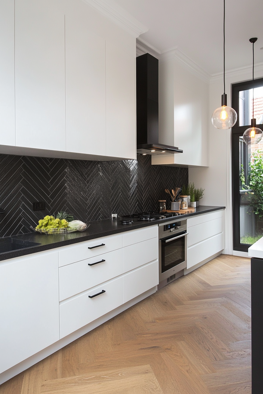 Close-up of geometric black and white herringbone tiles