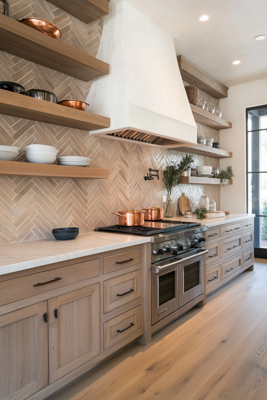 Close-up of a rustic herringbone backsplash and wooden shelves