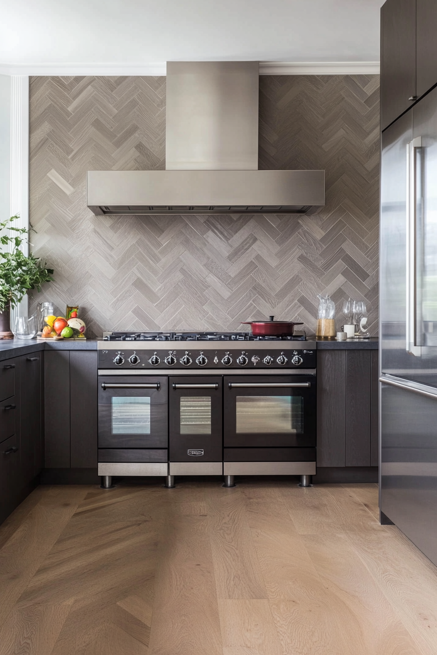 Back wall in herringbone pattern in shades of gray with a gradient effect