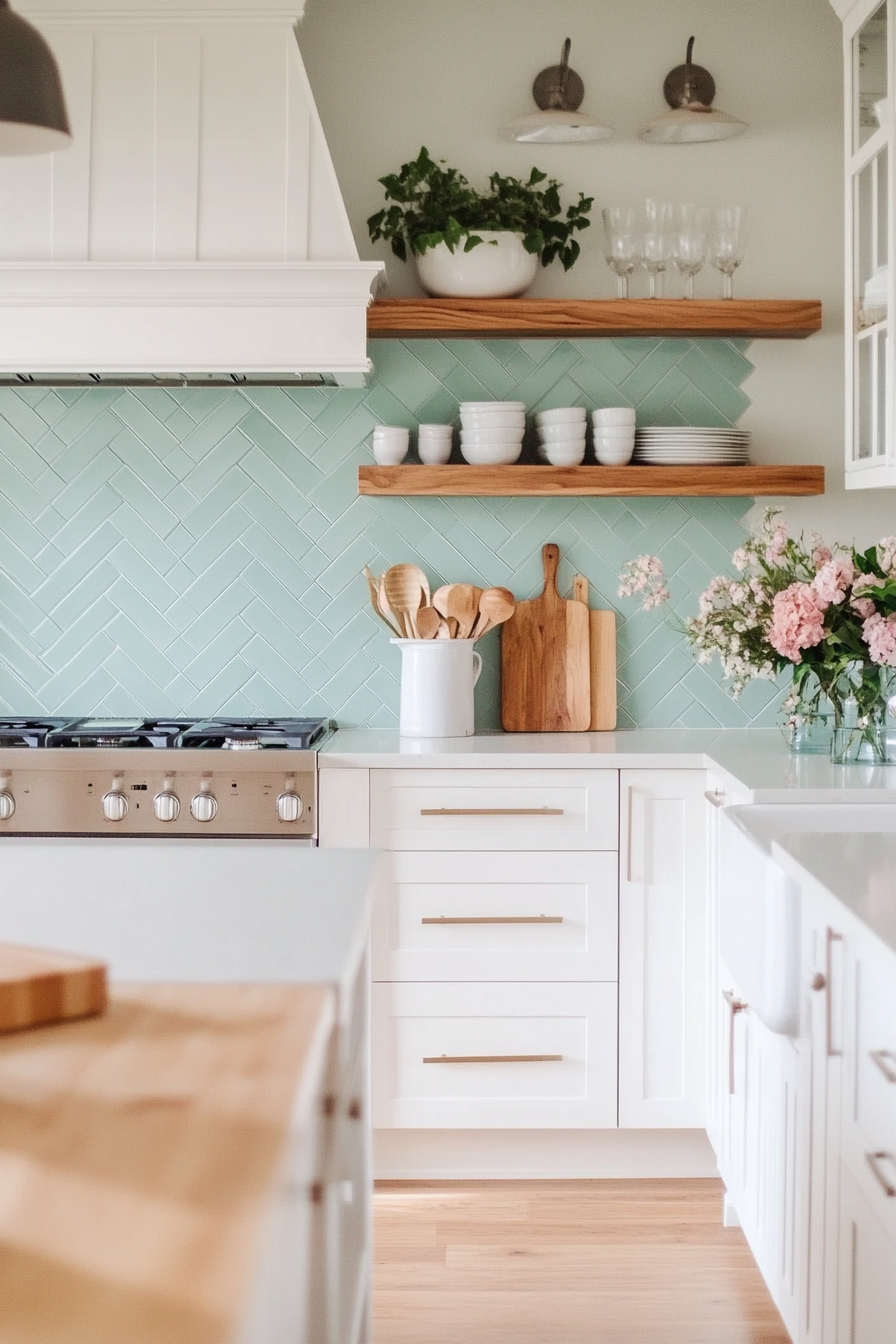 Close-up of pastel herringbone tiles in soft colors