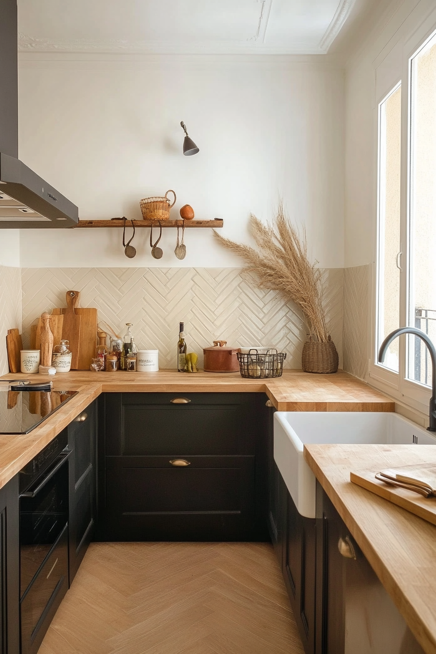 Textured herringbone ceramic backsplash for a rustic look