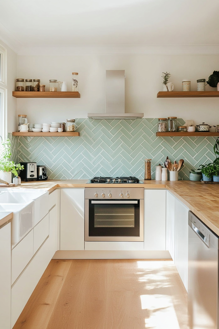 Pastel herringbone backsplash with soft tones