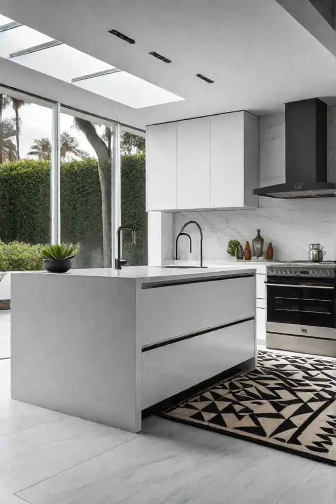 Modern white kitchen with abstract sculpture and vintage carpet