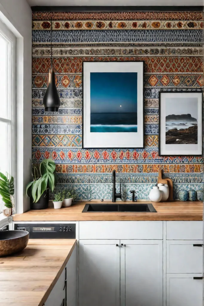 Eclectic white kitchen with vintage carpet and gallery wall