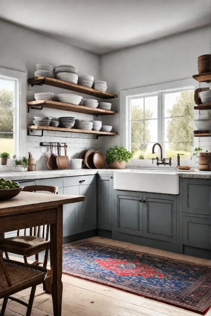 Farmhouse kitchen design with vintage rug and open shelves