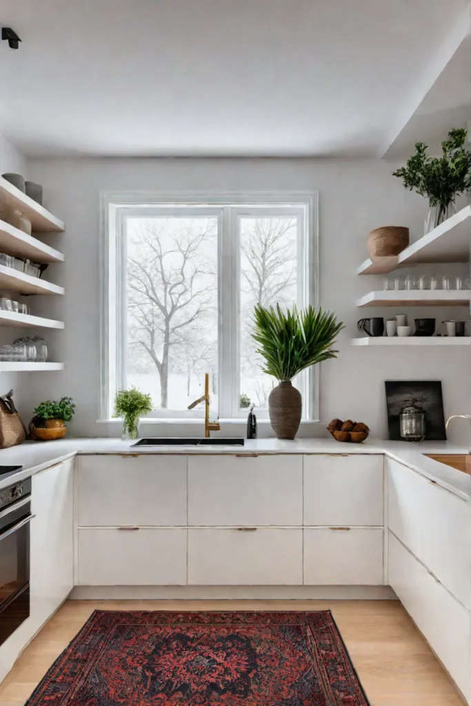 Minimalist white kitchen with splashes of color