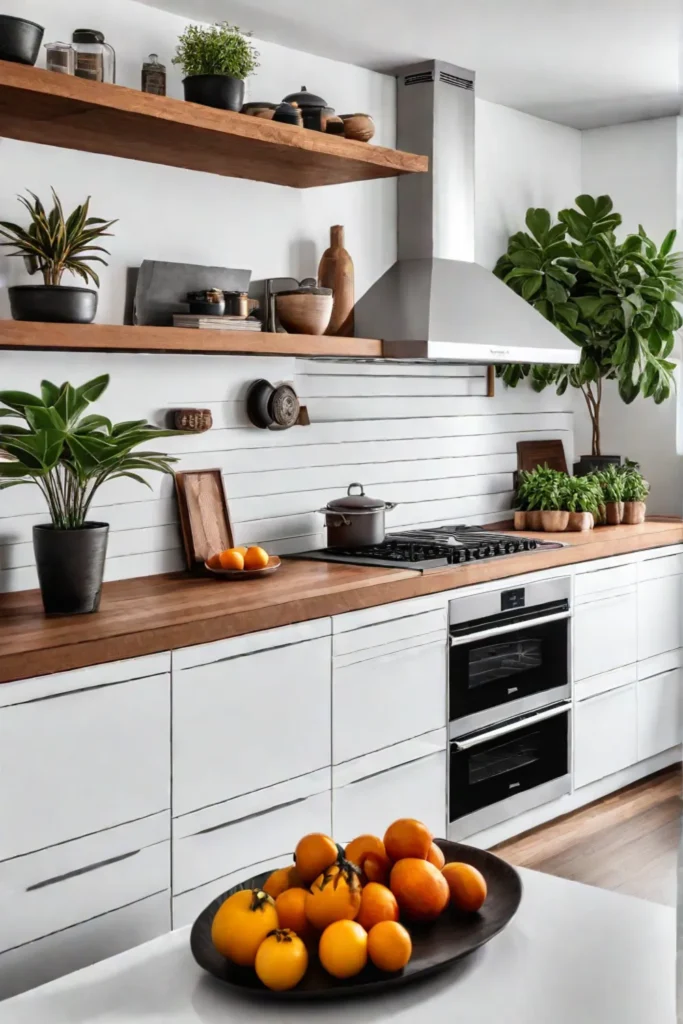 Modern white kitchen with open shelving and copper accents