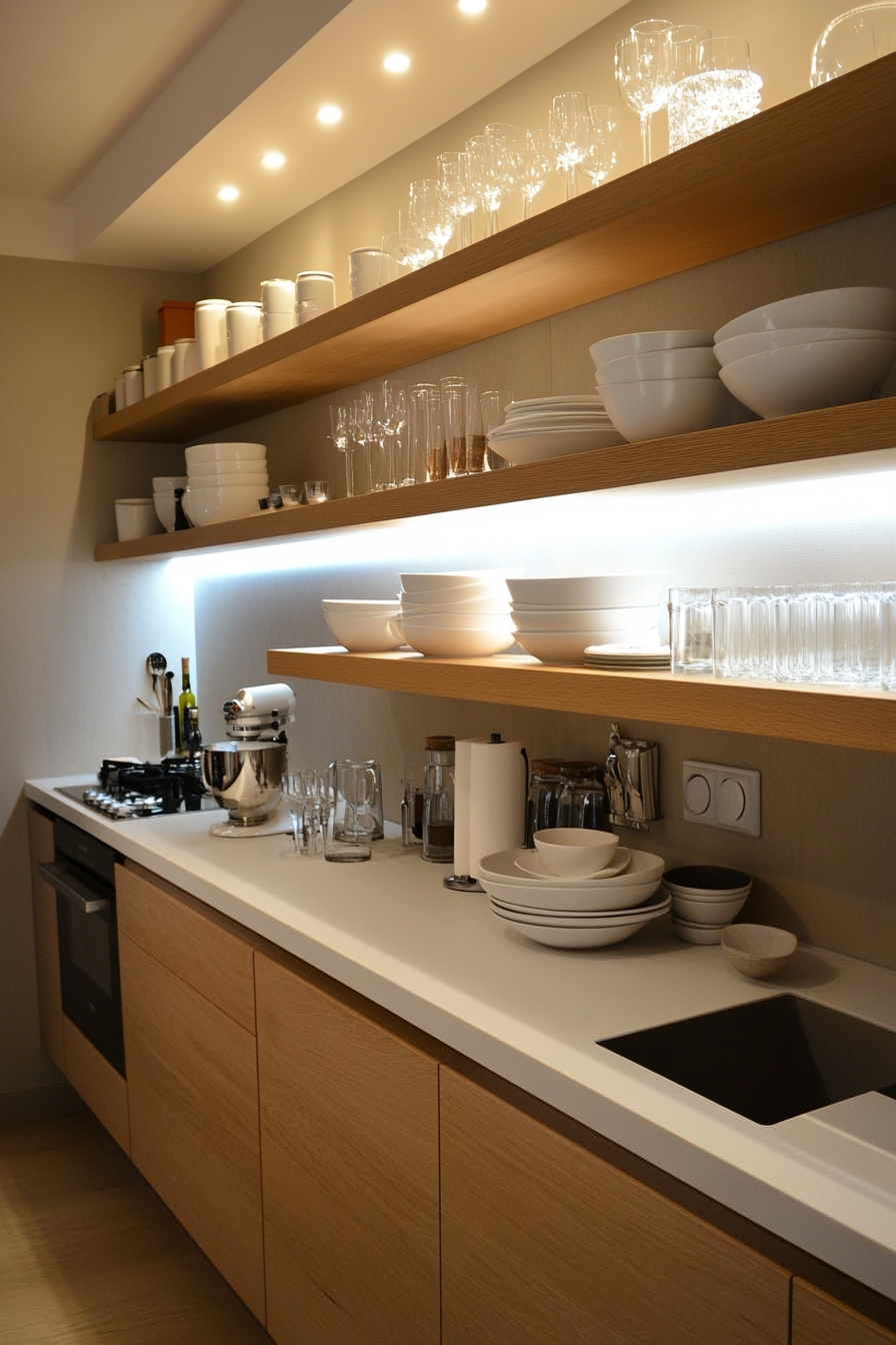 Minimalist kitchen with open shelves displaying neatly arranged items