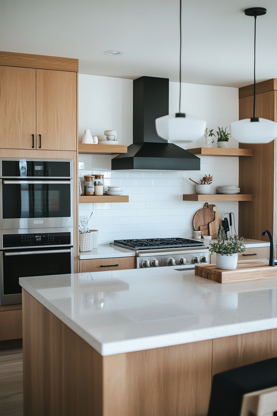 Minimalist kitchen with natural wood and stone surfaces