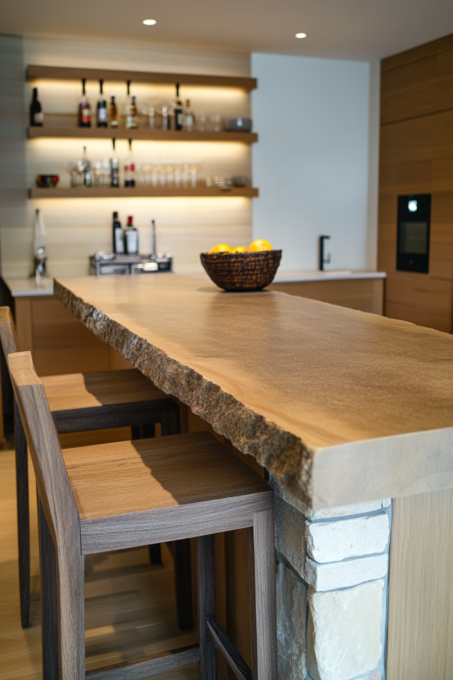 Close-up of natural wood and stone surfaces in a minimalist kitchen