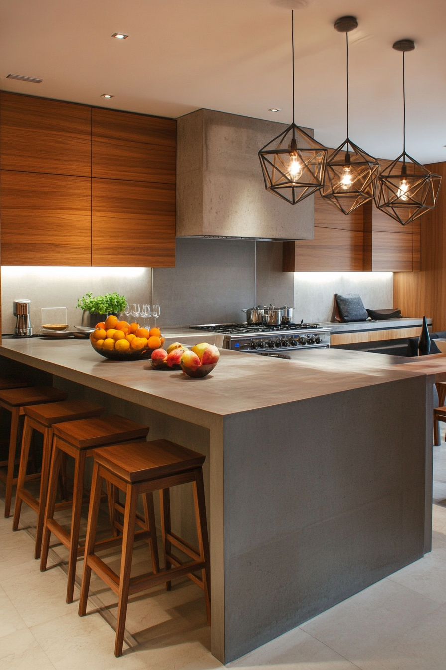 Detailed view of a modern statement lamp in a minimalist kitchen