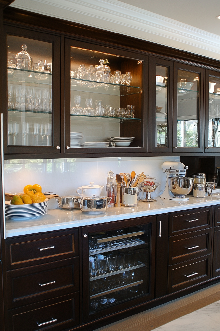 Minimalist kitchen with light-reflecting glass doors