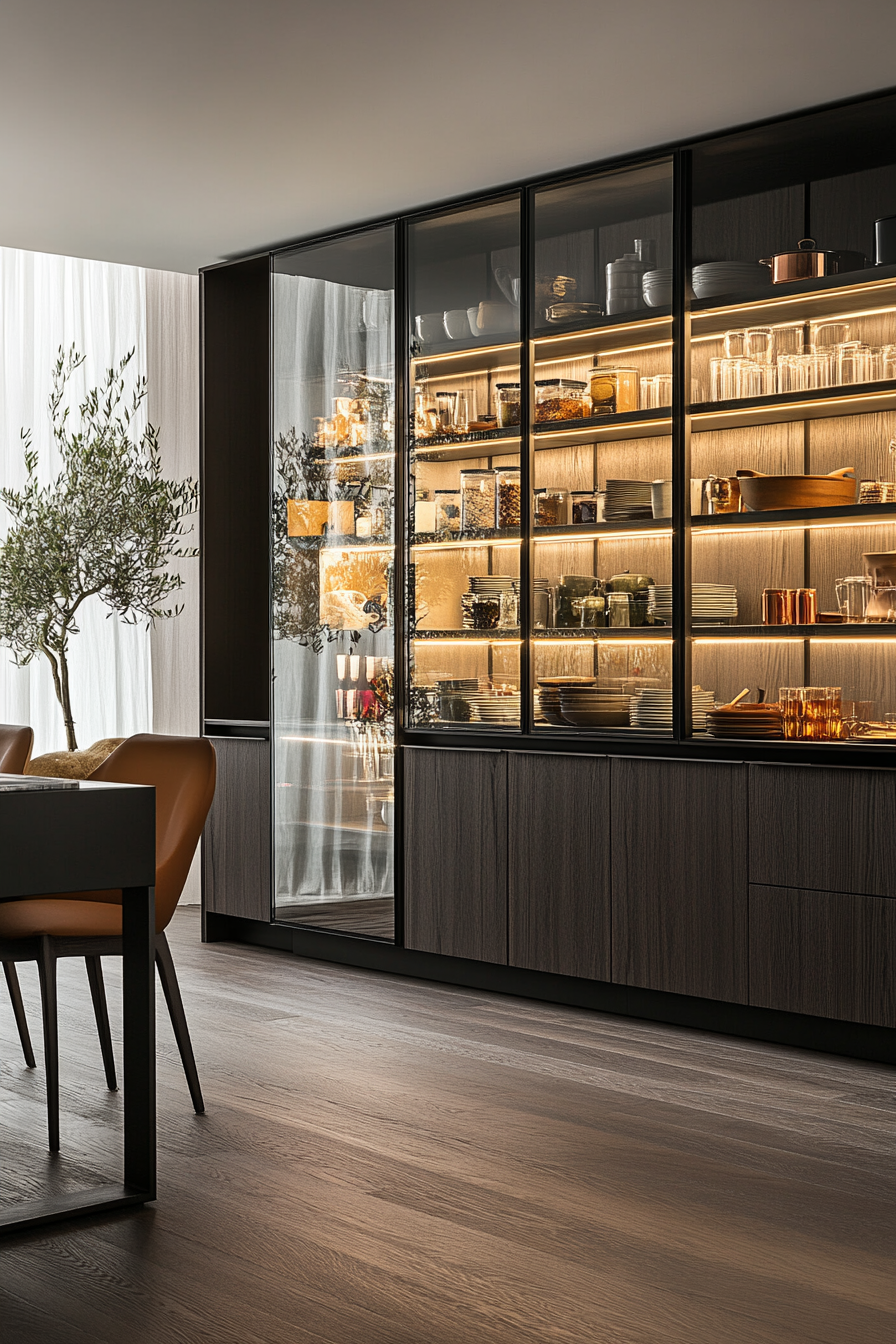 Close-up of glass cabinet doors in a minimalist kitchen