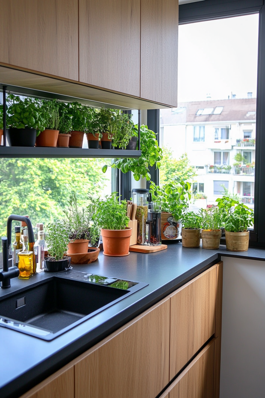 Close-up of plants in a minimalist kitchen