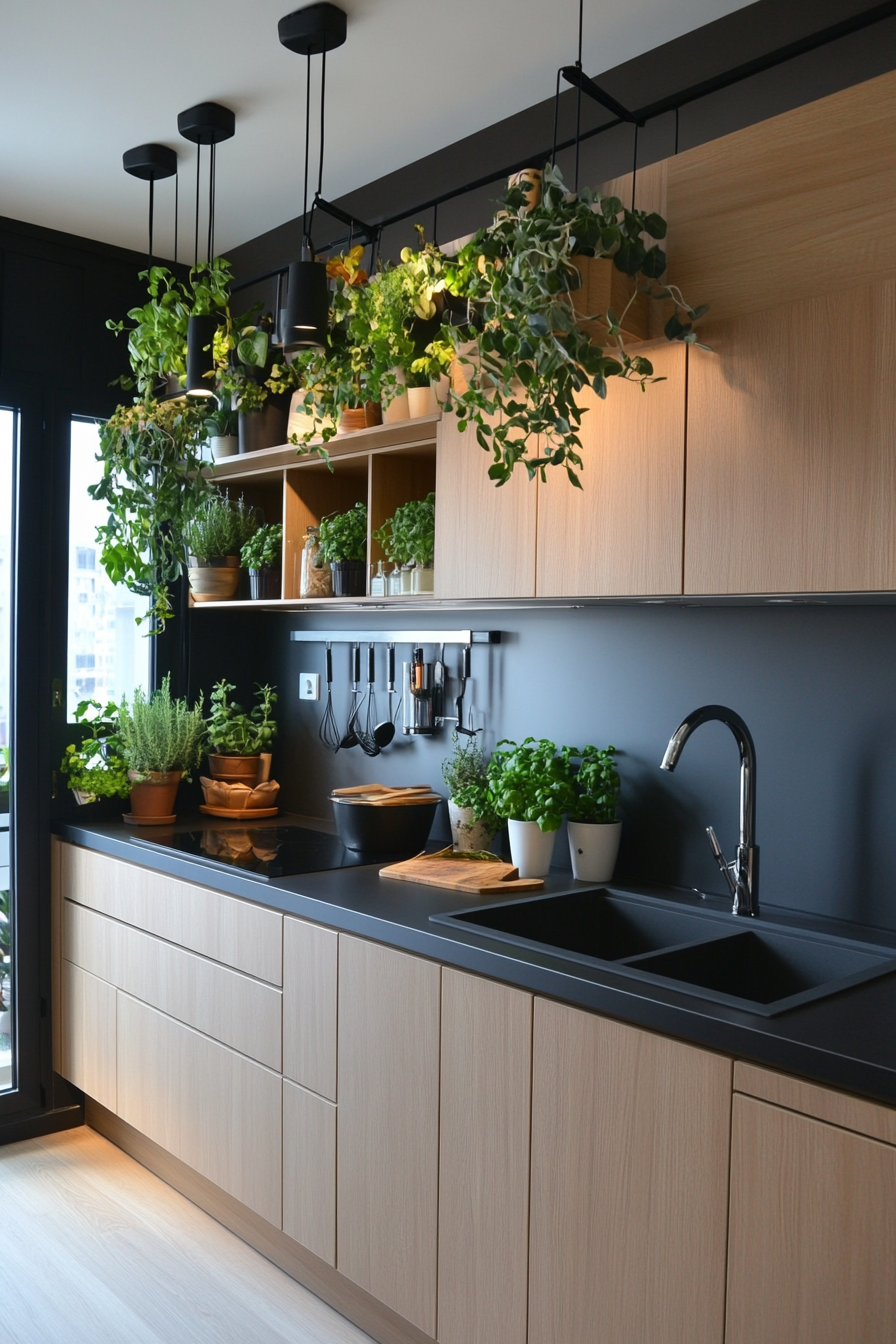 Minimalist kitchen with plants for a touch of nature