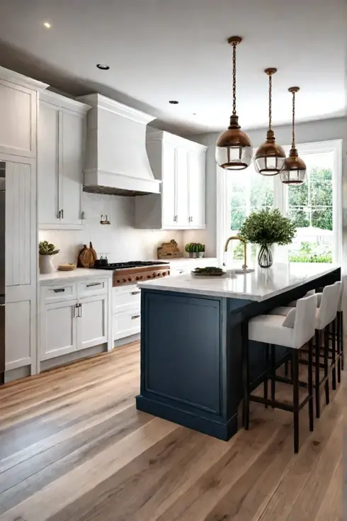 Modern white kitchen with natural light and wood accents